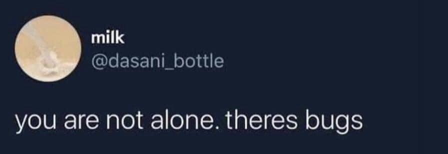 This image is a screenshot of a public tweet from the X (formerly Twitter) platform. The poster has the display name 'milk', handle @dasani_bottle, and a profile photo showing a closeup of milk being poured. The tweet text reads 'you are not alone. theres bugs', which delivers humor by subverting the expected comforting meaning of the phrase 'you are not alone'—instead of referencing supportive people being present, it absurdly states the person is accompanied by unseen bugs, creating a silly, unsettling punchline.