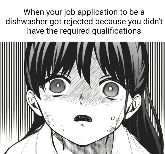 The meme features a two-part layout: the top section contains a text overlay that reads, 'When your job application to be a dishwasher got rejected because you didn't have the required qualifications,' and the bottom section is a close-up black-and-white anime image of a girl with wide, shocked eyes, sweat drops on her face, and a distressed expression. The contrast between the mundane scenario (dishwasher job rejection) and the girl's exaggerated shocked reaction creates a humorous and relatable joke about the absurdity of entry-level jobs requiring unnecessary qualifications.