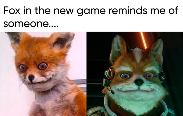This is a two-panel comparison meme. The text at the top reads 'Fox in the new game reminds me of someone....'. The left panel features the widely shared viral photograph of a real red fox with an uncanny, forced wide smile and bulging wide eyes that became a popular internet meme. The right panel shows the fox non-player character from the 2023 Bethesda video game Starfield, who wears a futuristic headset and gear, and has a near-identical awkward wide smile and bulging eye expression as the meme fox. The humor comes from the unexpected and hilarious uncanny resemblance between the newly released game character and the pre-existing viral meme subject.