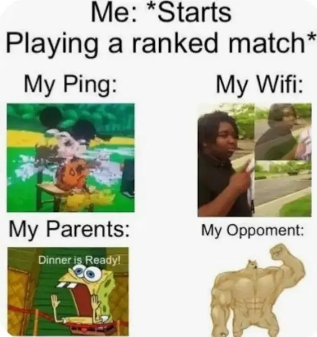 A meme about the frustrations of playing ranked matches with various obstacles. The top text reads 'Me: *Starts Playing a ranked match*' followed by four labeled sections: 'My Ping:' showing a chaotic SpongeBob scene, 'My Wifi:' showing a person pointing at someone walking away, 'My Parents:' showing SpongeBob with 'Dinner is Ready!' text, and 'My Opponent:' showing a muscular character.