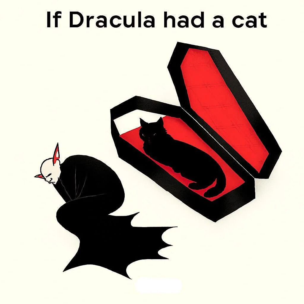 An illustration featuring the text 'If Dracula had a cat' at the top. On the left, there is a Dracula-like animated character with a white face, red ears, and a black cloak, bending over in a frustrated or tired posture. To the right, an open coffin with a black exterior and red interior contains a black cat sitting calmly inside, looking indifferent. The contrast between the character's posture and the cat's relaxed demeanor creates a humorous effect, playing on Dracula's association with coffins and the common cat behavior of occupying enclosed spaces.