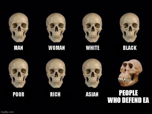 This meme uses a visual comparison of skulls to deliver a satirical joke. The first seven entries are modern human skulls labeled with various social and identity categories: **MAN**, **WOMAN**, **WHITE**, **BLACK**, **POOR**, **RICH**, **ASIAN** — all skulls are visually identical, emphasizing that these identity/socioeconomic labels do not alter fundamental human anatomy. The eighth entry is a primitive, ape-like skull labeled **PEOPLE WHO DEFEND EA**, using a visual pun to mock individuals who defend the video game company Electronic Arts (EA). The humor comes from the stark contrast between the identical modern skulls and the drastically different primitive skull, implying that EA defenders are 'less evolved' in the creator's view, a common jab in gaming communities due to widespread criticism of EA's monetization practices like microtransactions and loot boxes.