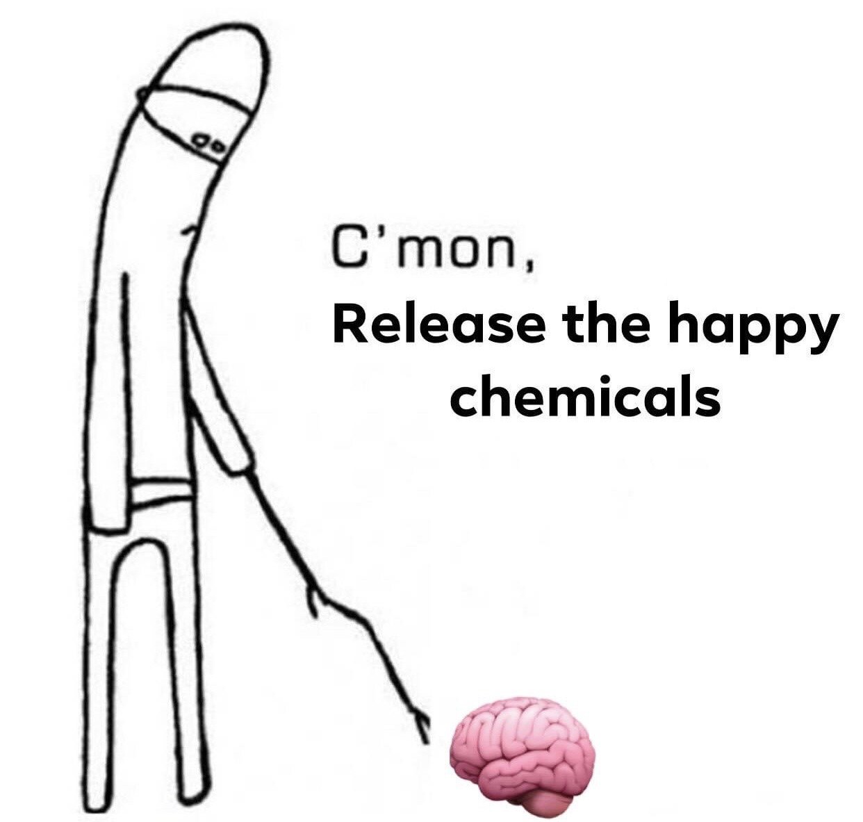 The meme features a crudely drawn, slouched black and white stick figure with a weary, half-lidded expression, positioned to the left of a realistic pink brain emoji. The text adjacent to the figure reads "C'mon, Release the happy chemicals", portraying the relatable experience of pleading with one's own brain to produce mood-boosting neurochemicals like dopamine or serotonin when experiencing low mood, apathy, or depressive symptoms. The joke leans into the common experience of being unable to feel happy on command despite wanting to.