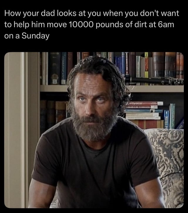 This meme features a top text caption paired with a screenshot of Rick Grimes from the TV series *The Walking Dead*. The caption reads "How your dad looks at you when you don't want to help him move 10000 pounds of dirt at 6am on a Sunday". Rick Grimes has a tired, stern, judgmental stare directed at the viewer, which is used to humorously represent the unimpressed, annoyed look fathers often give their children when they decline to help with unreasonably labor-heavy, inconveniently timed chores on rest days.