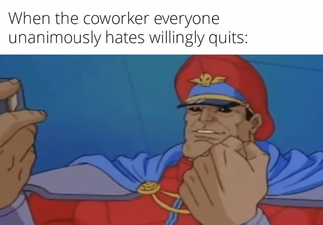 This is a single-panel reaction meme featuring the character M. Bison from the Street Fighter animated series. The text at the top of the meme states 'When the coworker everyone unanimously hates willingly quits:'. M. Bison is depicted with a smug, satisfied grin, resting his chin on one hand while a hand from an off-screen person holds a phone out in his direction. The meme captures the shared, quiet feeling of triumph experienced by a team when a universally disliked coworker voluntarily leaves their position, which is further referenced by the original posted title 'We won, Mr Stark...' taken from Avengers: Endgame to frame the event as a collective victory.