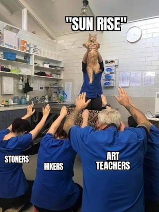 A meme image showing a group of people wearing blue shirts labeled 'STONERS', 'HIKERS', and 'ART TEACHERS' raising their hands in a gesture of reverence. At the center, an individual holds a cat aloft above the group, with the text 'SUN RISE' displayed in quotation marks above the cat, creating a humorous scenario of the group worshiping the cat as a 'SUN RISE' figure.