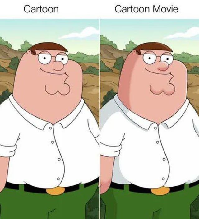 This is a two-panel side-by-side comparison meme. The left panel is labeled 'Cartoon' and shows the standard flat cel-shaded design of Peter Griffin, the main character from the animated series Family Guy, in his typical outfit of a white collared shirt and green pants, against a simple outdoor background. The right panel is labeled 'Cartoon Movie' and shows the exact same character in the same pose and background, with the only visual difference being the addition of soft, subtle gradient shading to the character's skin and clothing. The meme sarcastically jokes about the common trend where theatrical movie adaptations of animated TV series only make minor, low-effort visual improvements like adding more detailed shading, rather than implementing major changes to the art style, presented as a joke about what makes the movie version 'closer to reality' as per its original title.