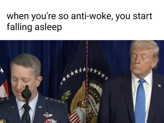 The meme consists of a photograph from an official U.S. political event, featuring two individuals in formal attire. On the left, a person in a military uniform (likely a high-ranking officer) is speaking into a microphone, with a neutral and focused expression. On the right, Donald Trump stands with a sleepy, unfocused demeanor, appearing to doze off. The background includes the U.S. flag and the presidential seal, indicating a formal White House or government setting. At the top of the image, a text overlay reads: 'when you're so anti-woke, you start falling asleep'—a pun that uses 'anti-woke' (a term describing opposition to progressive ideologies) and literal 'falling asleep' to joke about Trump appearing tired.