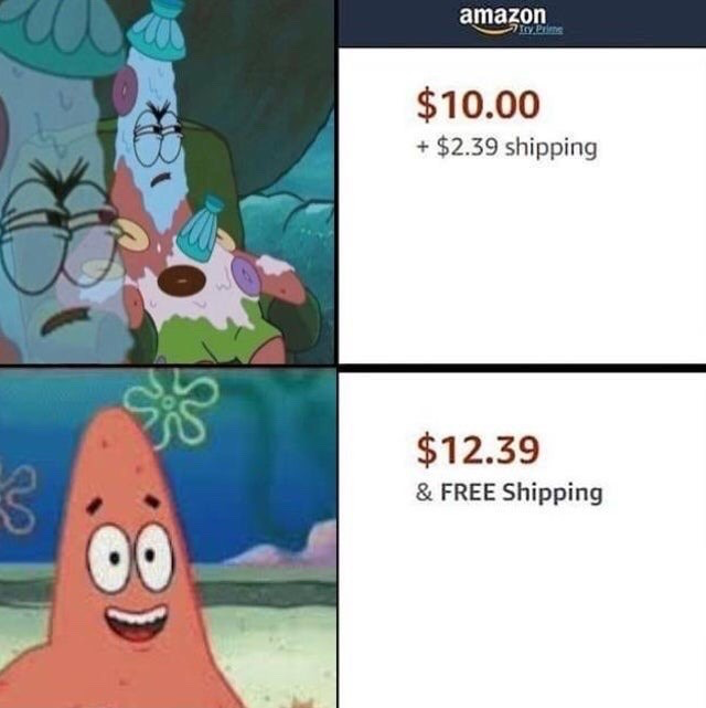This is a 2-panel comparison meme. The top left panel depicts Patrick Star from the animated series SpongeBob SquarePants looking disgusted and unimpressed, covered in melted ice cream, paired with the top right panel showing an Amazon product listing priced at $10.00 plus $2.39 shipping, for a total of $12.39. The bottom left panel shows Patrick looking happy, excited and grinning widely, paired with the bottom right panel showing the same total price of $12.39 marked with free shipping. The joke satirizes the common consumer psychological bias where shoppers prefer paying the exact same total cost if shipping is advertised as free, even when there is no monetary difference between the two options.