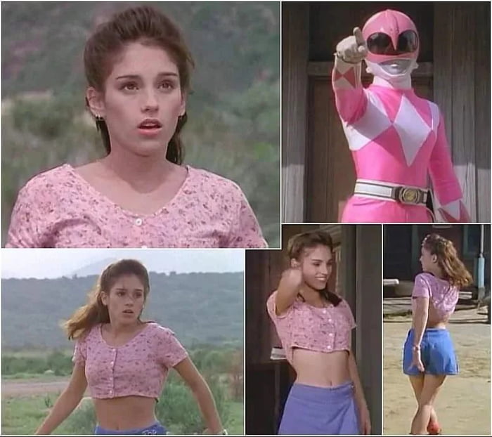 This is a 5-panel collage featuring multiple shots of Kimberly Hart, the original Pink Power Ranger from *Mighty Morphin Power Rangers*, portrayed by actress Amy Jo Johnson. The collage includes a close-up of Kimberly out of her Ranger suit, a shot of Kimberly in the full pink Ranger suit pointing at the viewer, multiple out-of-suit shots of Kimberly in her iconic pink cropped top and blue skirt, and a back view full-body shot. This post shares Kimberly/Amy Jo Johnson as the poster's first celebrity crush, and asks other viewers to share who their own first celebrity crush was.