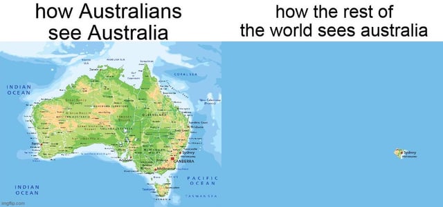 This two-panel comparison meme humorously contrasts local vs global perceptions of Australian geography. The left panel is labeled 'how Australians see Australia' and features a full, detailed, geographically accurate map of the entire Australian continent, with all regions, cities, and surrounding bodies of water clearly marked. The right panel is labeled 'how the rest of the world sees Australia' and depicts almost the entire Australian continent as empty ocean, with only a tiny strip of the east coast visible, only labeled with the city of Sydney. The meme's title jokes that the video game Overwatch will never receive a map set in the major Australian city of Melbourne, playing on the punchline that global game developers (like most people outside Australia) are only aware of a tiny portion of Australian geography, so they would never consider creating content set in lesser-known (to global audiences) Australian cities like Melbourne.