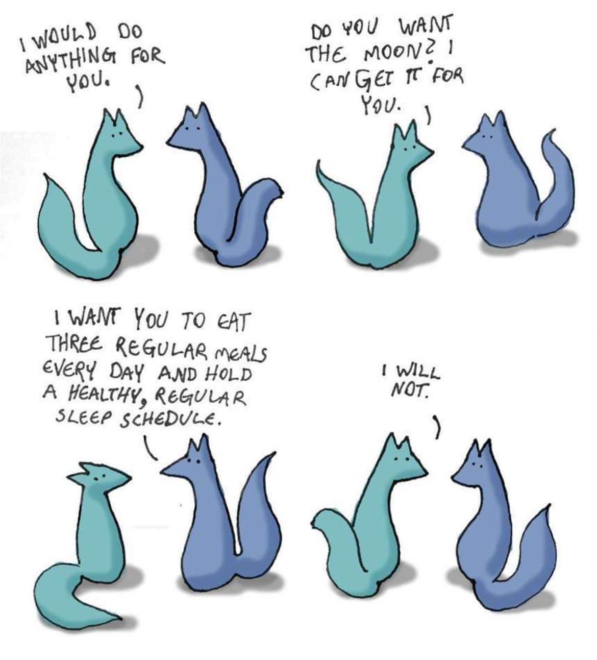 A four-panel comic strip featuring two anthropomorphic foxes (one turquoise, one blue) having a conversation about healthy lifestyle choices. The first panel shows the turquoise fox saying, "I WOULD DO ANYTHING FOR YOU." In the second panel, the blue fox responds, "DO YOU WANT THE MOON? I CAN GET IT FOR YOU." The third panel shows the turquoise fox making a practical request: "I WANT YOU TO EAT THREE REGULAR MEALS EVERY DAY AND HOLD A HEALTHY, REGULAR SLEEP SCHEDULE." The final panel shows the blue fox refusing with, "I WILL NOT." The comic uses simple, stylized illustrations with minimal backgrounds and handwritten text for dialogue.