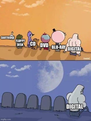 This is a two-panel meme using characters from the animated series Regular Show. The first panel shows the characters walking towards the horizon at sunset, each labeled sequentially with data storage formats from oldest to newest: Cartridge, Floppy Disk, CD, DVD, Blu-Ray, and Digital. The second panel is set at night under a full moon, where all the characters representing physical storage formats are replaced by gravestones, leaving only the character labeled Digital sitting alone beside the graves. The joke illustrates how older physical data storage mediums have gradually become obsolete as digital storage has become the dominant standard for saving and accessing data.