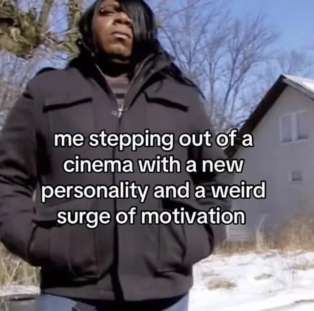This single-panel static meme features a Black woman standing outside in a cold, snowy winter environment, with bare leafless trees and a residential house visible in the background. She wears a thick black puffer jacket, has her hands tucked into the jacket pockets, and wears a cool, aloof, unbothered confident expression. Overlaid white sans-serif text on the center of the image reads 'me stepping out of a cinema with a new personality and a weird surge of motivation', which jokes about the extremely relatable common experience of being so influenced by a recently watched movie that people temporarily adopt personality traits from the film's characters or feel an unrealistic, sudden burst of motivation to make big life changes right after leaving the theater.