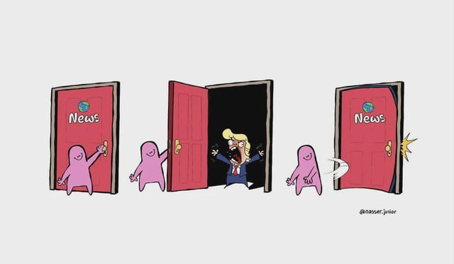 This is a three-panel satirical political cartoon. In the first panel, a simple smiling pink blob character reaches for the doorknob of a red door labeled 'News' marked with a small globe icon. In the second panel, the blob opens the door to reveal an enraged, screaming caricature of former US President Donald Trump bursting out from behind the door, looking unhinged. In the third panel, the pink blob quickly slams the door shut on him, visualizing the common desire to avoid chaotic, overwhelming Trump-related news coverage.