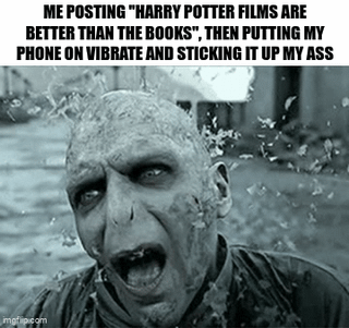 This meme uses a clip of Lord Voldemort screaming and disintegrating into small fragments from his death scene in *Harry Potter and the Deathly Hallows Part 2*. The repeated text on the meme reads: "ME POSTING 'HARRY POTTER FILMS ARE BETTER THAN THE BOOKS', THEN PUTTING MY PHONE ON VIBRATE AND STICKING IT UP MY ASS". The visual of Voldemort in agonizing pain as he falls apart humorously represents the intense, overwhelming unpleasant sensation the poster experiences from the combined backlash to their controversial Harry Potter fandom hot take and the vibrating phone, as a crude self-deprecating joke.