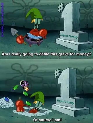 This is a two-panel edited meme using footage from the SpongeBob SquarePants animated series. In the first panel, Mr. Krabs wears the iconic green cap of Link from The Legend of Zelda video game franchise, holds a shovel and stands next to a gravestone marked #1 Royal Family, with overlaid text reading 'Am I really going to defile this grave for money?'. In the second panel, Mr. Krabs has already begun digging up the grave, throwing treasures onto the ground, with overlaid text reading 'Of course I am!'. The joke combines three core references: Mr. Krabs' canonical extreme obsession with earning money, the common Legend of Zelda player behavior of robbing graves for valuable items while justifying it as the hero, and modern public discourse surrounding the British Royal Family's accumulated wealth.