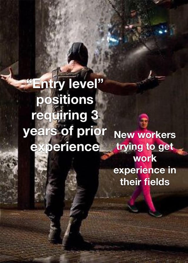 A meme image depicting two characters in a dramatic setting with water splashing in the background. The left character, a tall, imposing figure in a black outfit with arms outstretched, is labeled: "'Entry level' positions requiring 3 years of prior experience". The right character, a smaller figure in a bright pink outfit with arms also outstretched, is labeled: "New workers trying to get work experience in their fields". The visual contrast between the large, intimidating 'entry-level job' and the small, vulnerable new worker highlights the irony of entry-level positions demanding years of experience, creating a catch-22 for new workers unable to gain experience without already having it.