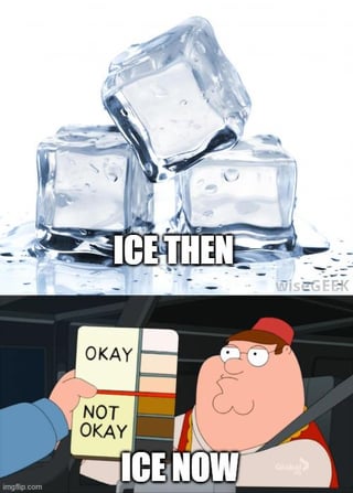 A two-panel comparison meme about global warming. The top panel shows three large, partially melted ice cubes with the text 'ICE THEN,' representing ice in the past. The bottom panel features Peter Griffin from Family Guy holding a color chart with sections labeled 'OKAY' (top) and 'NOT OKAY' (bottom), with the text 'ICE NOW,' humorously implying current ice conditions are 'NOT OKAY' due to global warming.