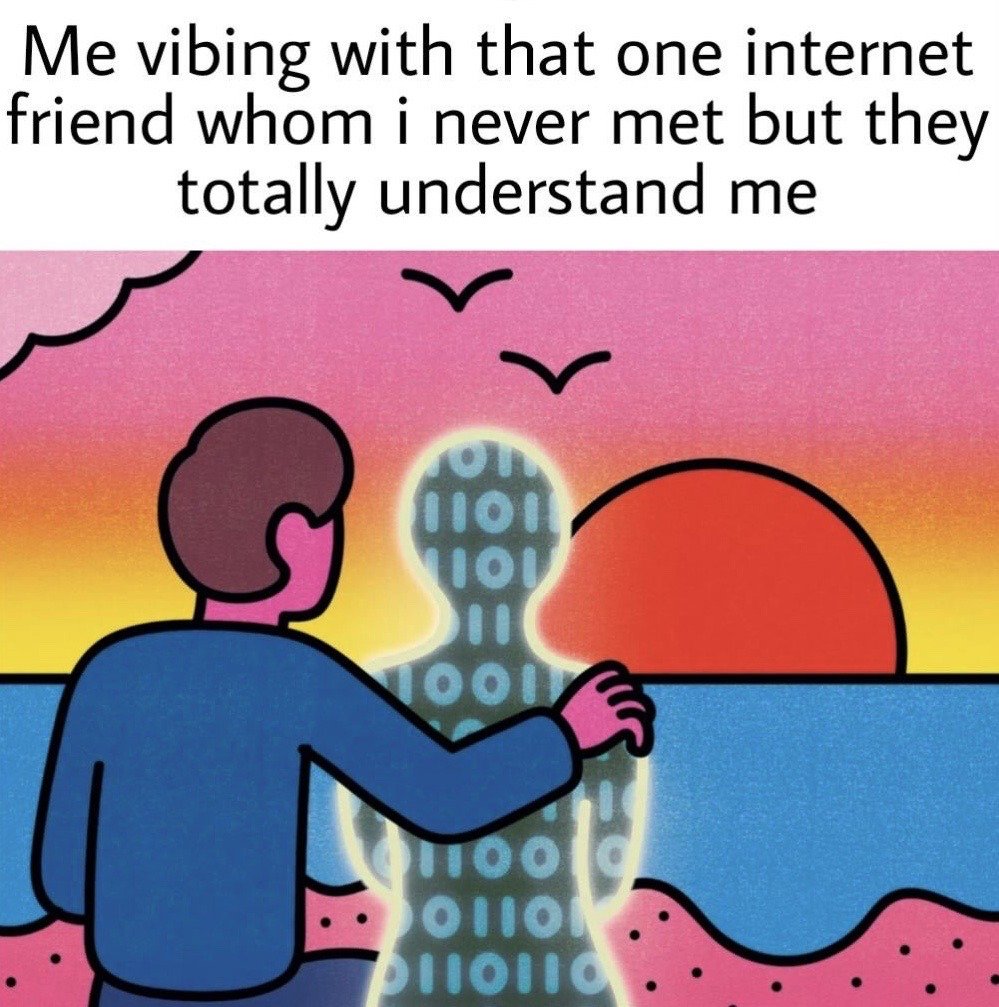 This is a single-panel cartoon meme. At the top of the image, text reads 'Me vibing with that one internet friend whom i never met but they totally understand me'. Below the text, an illustration shows a person seen from behind, sitting on a pink sandy beach at sunset, with his arm resting on the shoulder of a glowing humanoid figure made up of 1s and 0s binary code, representing his online-only friend. The background features a gradient pink-to-orange sunset sky, a large red setting sun, blue ocean, and flying seagulls. The meme humorously and wholesomely captures the experience of forming deep, understanding friendships with people online who you have never met in real life.