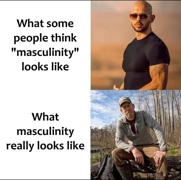 A two-panel comparison meme contrasting perceptions of masculinity. The top section features bold black text on the left: 'What some people think "masculinity" looks like' paired with a photograph of a muscular man in a tight black shirt, sunglasses, and a forearm tattoo, standing against a warm, orange-hued background. The bottom section has text on the left: 'What masculinity really looks like' alongside a photograph of a casually dressed man (gray jacket, cap, brown pants) sitting on a log in a wooded area with a backpack beside him, conveying a grounded, outdoor-oriented demeanor.