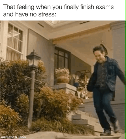 This meme features top text that reads 'That feeling when you finally finish exams and have no stress:' above a still frame of actor Paul Rudd cheerfully grinning while skipping down the front steps of a residential house. The visual conveys the overwhelming giddy relief and lack of stress students feel after completing all their exams. A watermark for 'mematic & Tenor' is present at the bottom left corner of the image.