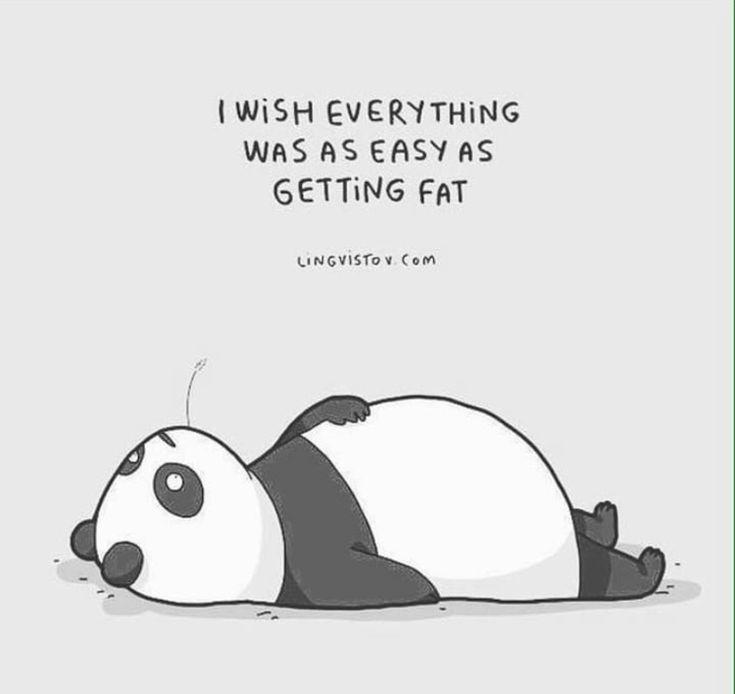 An illustration featuring a cartoon panda lying on its side with a prominent belly, appearing slightly sad or resigned. Above the panda, bold text reads 'I WISH EVERYTHING WAS AS EASY AS GETTING FAT,' conveying a humorous complaint about the difficulty of daily tasks compared to the perceived ease of gaining weight. The panda's relaxed, sprawling posture emphasizes the theme of overindulgence or weight gain, while the simple gray background keeps focus on the character and text.