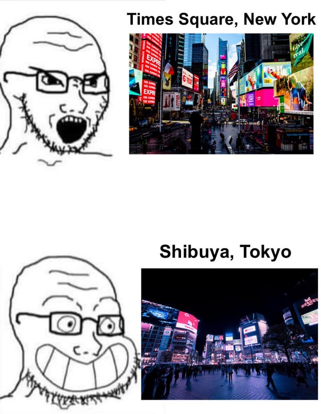 A two-panel meme comparing iconic city landmarks: Times Square, New York (top) and Shibuya, Tokyo (bottom). The top panel features a rage comic character with an angry, open-mouthed expression next to a daytime photo of Times Square with bright billboards. The bottom panel shows a rage comic character with an excited, wide-grinning expression next to a night photo of Shibuya Crossing, bustling with people and neon lights. The humor stems from contrasting emotional reactions to these two famous urban spaces.
