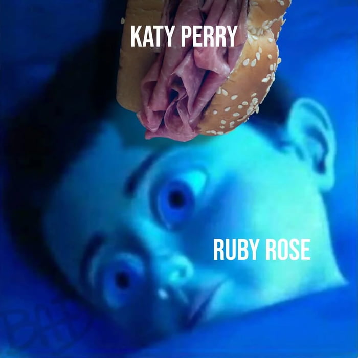 This is a humorous meme using a forced perspective visual gag. A ham sandwich on a sesame seed bun, labeled "KATY PERRY", is held extremely close to the camera above a blurred, blue-tinted close-up photo of celebrity Ruby Rose, who is looking upward with wide, shocked/intrigued eyes. The forced perspective makes the sandwich appear to be on top of Ruby Rose's head, creating a silly, absurd visual joke by pairing the two public figures in an unexpected, ridiculous way.