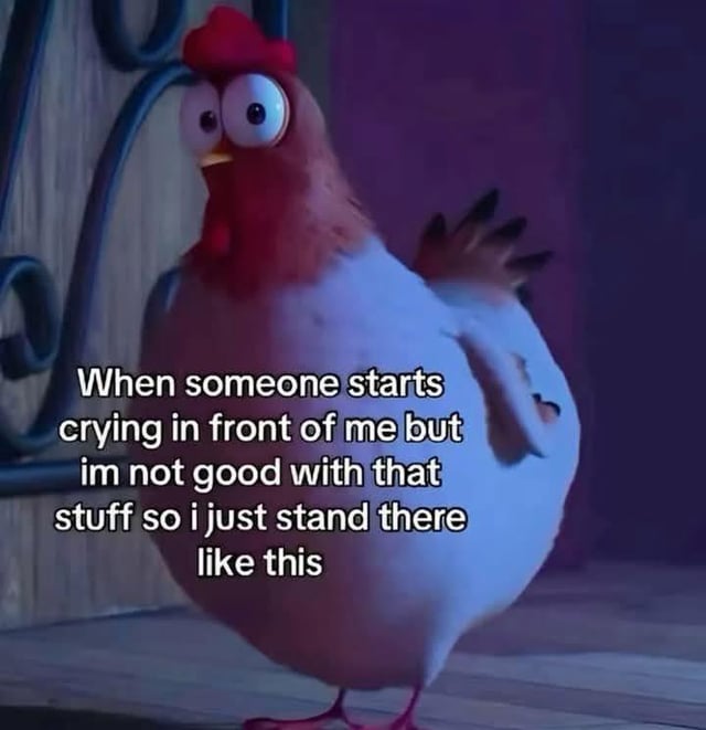 A meme featuring an animated chicken with a red comb, white feathers, and a plump body. The chicken stands awkwardly in front of a wooden door with metal scrollwork, displaying wide, startled eyes and slightly raised wings, conveying a sense of social discomfort. Overlaid white text reads: 'When someone starts crying in front of me but im not good with that stuff so i just stand there like this'. The image humorously captures the relatable feeling of being不知所措 when encountering someone else's tears.