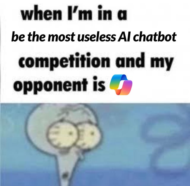 The image is a two-part meme. The top section contains bold black text: 'when I’m in a be the most useless AI chatbot competition and my opponent is' followed by the colorful Bing logo. The bottom section features a blurred, low-resolution image of an animated character with a shocked expression—wide eyes, enlarged pupils, and a rounded head—likely derived from the 'SpongeBob SquarePants' franchise. The humor lies in the sarcastic implication that Bing's AI chatbot is so useless that competing against it would be challenging even for another 'useless' AI.