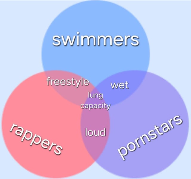 This is a humorous three-circle Venn diagram meme that highlights unexpected shared traits between three seemingly unrelated professional groups: swimmers (labeled on the blue circle), rappers (labeled on the red circle), and pornstars (labeled on the purple circle). The overlapping sections list traits common to the two groups: the swimmer and rapper overlap is labeled 'freestyle' (a term that refers both to a swimming stroke and improvised rap performance), the swimmer and pornstar overlap is labeled 'wet' (referring to being submerged in water for swimmers, and sexual arousal for pornstars), the rapper and pornstar overlap is labeled 'loud' (referring to loud vocal delivery for rappers and explicit vocalizations in adult content). The central overlap shared by all three groups is labeled 'lung capacity', a practical physical requirement for each profession. The humor comes from the double meanings of the shared terms and the surprising parallel between the disparate fields.
