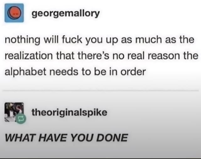This is a screenshot of a short two-comment Reddit thread. The first comment from user georgemallory notes that no experience is as mentally disorienting as realizing there is no actual logical or functional reason the Latin alphabet is taught and used in its standard fixed order that most people learn in childhood. The second reply from user theoriginalspike is written in all caps, reading 'WHAT HAVE YOU DONE', expressing exaggerated shock and frustration at being made aware of this trivial but unsettling fact that disrupts a basic lifelong assumption most people never question.