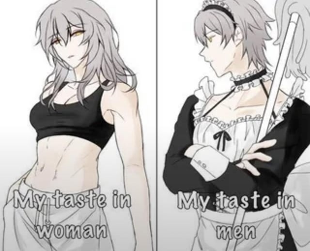 This is a two-panel comparison meme drawn in anime style that illustrates dating preferences for non-heterosexual people. The left panel features a toned, masculine-presenting woman with long gray hair and defined abs, wearing a black crop top, with on-image text labeling it 'My taste in woman'. The right panel features a masculine-presenting man with short gray hair wearing a frilly traditional maid outfit, standing with crossed arms holding a mop, labeled 'My taste in men'. The joke plays on the common trend among queer people of preferring gender non-conforming presentations, enjoying masculine women and feminine non-conforming men.