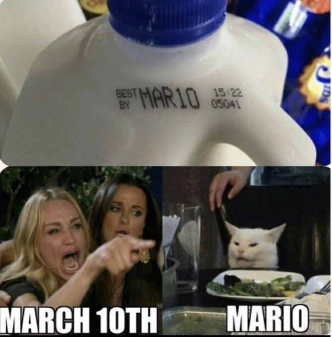 This is a meme combining two parts to highlight the popular pun that makes March 10 unofficial Mario Day. The top image shows the expiration date label on a milk jug printed 'MAR10', which when read closely resembles the name 'Mario' from Nintendo's Super Mario franchise. The bottom section uses the iconic 'Woman Yelling at Cat' meme template: the left side features a screaming woman pointing aggressively, labeled 'MARCH 10TH', while the right side features a confused white cat at a dinner table labeled 'MARIO'. The joke plays on the visual similarity between the date abbreviation MAR 10 and the name Mario, framing the interaction as people excitedly pointing out that March 10 is Mario Day to a confused or unknowing Mario stand-in.
