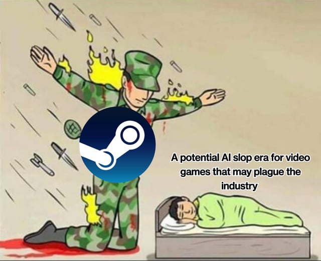 The image depicts a soldier in camouflage uniform kneeling on the ground with arms outstretched, surrounded by flying weapons (knives, bullets) and flames, with bloodstains on his uniform. A large Steam logo (blue circle with white gear icon) overlays his chest. Below the soldier, a person lies asleep in bed, covered with a green blanket. To the right of the soldier, text reads: 'A potential AI slop era for video games that may plague the industry'. The illustration symbolically critiques the threat of low-quality AI-generated content ('AI slop') to the video game industry, with Steam (a major gaming platform) represented as being affected, while the sleeping figure may imply complacency or unawareness.