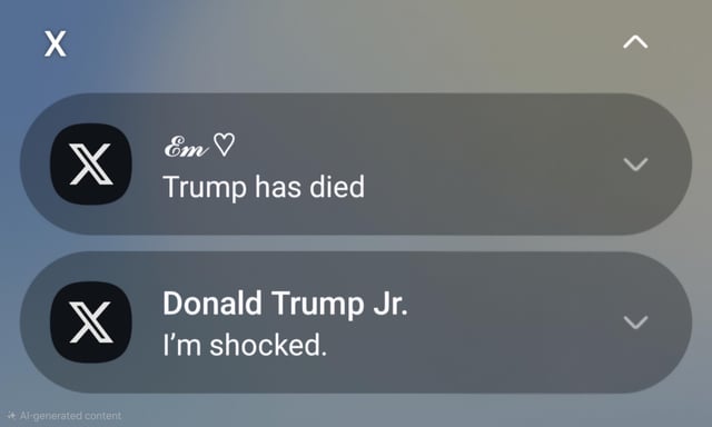This image is a screenshot of two mock push notifications from X (formerly Twitter). The first notification from a user named Em reads "Trump has died", and the second notification from Donald Trump Jr. reads "I'm shocked." The meme relies on ambiguity: the first notification does not specify which Trump died, and Donald Trump Jr.'s reaction clarifies it is his father, former US president Donald Trump Sr., that has died, creating unexpected dark humor. A small note at the bottom left indicates the content is AI-generated.