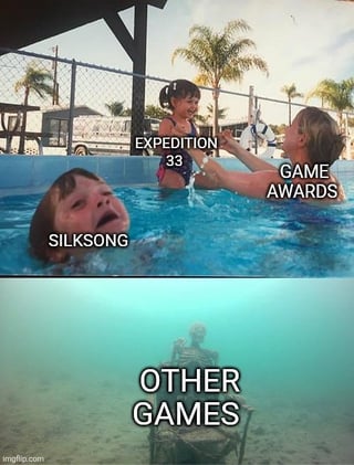 A three-panel image meme using a real-life swimming pool scene. The top panel shows an adult labeled 'GAME AWARDS' lifting a child labeled 'EXPEDITION 33' out of the pool. The middle panel shows a distressed child labeled 'SILKSONG' crying in the water. The bottom panel shows a skeleton at the pool bottom labeled 'OTHER GAMES'. The meme humorously critiques the Game Awards' focus on certain games (Expedition 33) while Silksong (a long-delayed game) and other games are overlooked, with 'OTHER GAMES' being metaphorically 'dead' at the bottom.