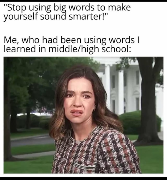 This meme is structured with two lines of text at the top, followed by a reaction photograph. The first line quotes an unnamed person saying "Stop using big words to make yourself sound smarter!". The second line sets up the context: the poster, who only used standard vocabulary they learned in middle or high school, reacting to that unfair comment. The reaction image shows CNN reporter Kaitlan Collins standing outside the White House with a confused, baffled, mildly disgusted and disbelieving expression. The joke mocks the declining standards of general education, as common vocabulary that was once standard learning for secondary school students is now being dismissed as pretentious, overly complex "big words" by many people.