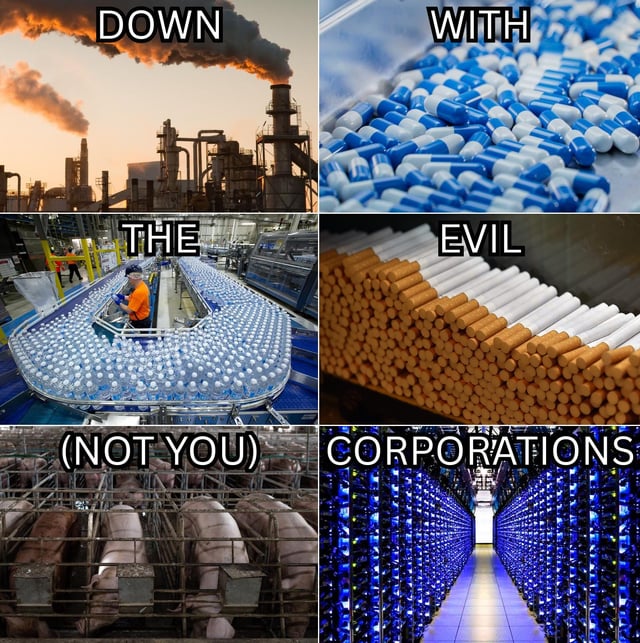 This is a 6-panel grid collage meme that uses satirical humor to comment on corporate criticism, with a playful, food-focused twist. The meme splits the phrase **DOWN WITH THE EVIL CORPORATIONS (NOT YOU)** across its panels, pairing each text segment with an image representing a controversial industry:
1. Top-left: *"DOWN"* over a polluting heavy-industry factory (environmentally harmful corporations)
2. Top-right: *"WITH"* over a pile of prescription pills (pharmaceutical corporations)
3. Middle-left: *"THE"* over a bottled water production line (beverage corporations)
4. Middle-right: *"EVIL"* over a cigarette production line (tobacco corporations)
5. Bottom-left: *"(NOT YOU)"* over factory-farmed pigs (bacon/meat production corporations)
6. Bottom-right: *"CORPORATIONS"* over a large storage facility of packaged processed products (likely bacon/meat goods)

The core joke leans into humorous hypocrisy: criticizing harmful corporate industries, but making an exception for bacon producers, as many people's love for bacon overrides their critical views of the meat industry's practices.