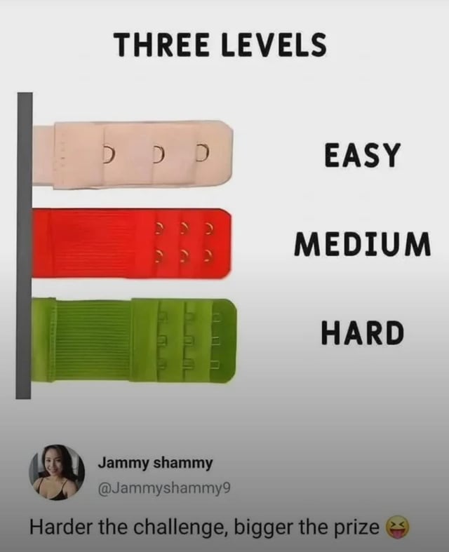 A meme displaying three colored straps arranged vertically, labeled from top to bottom as 'EASY' (beige with 3 small loops), 'MEDIUM' (red with 6 larger loops), and 'HARD' (green with 9 large loops). Above the straps is the text 'THREE LEVELS' in bold. At the bottom, there is a user avatar of a person with the username 'Jammy shammy' and handle '@Jammyshammy9', accompanied by the caption 'Harder the challenge, bigger the prize 😘'.