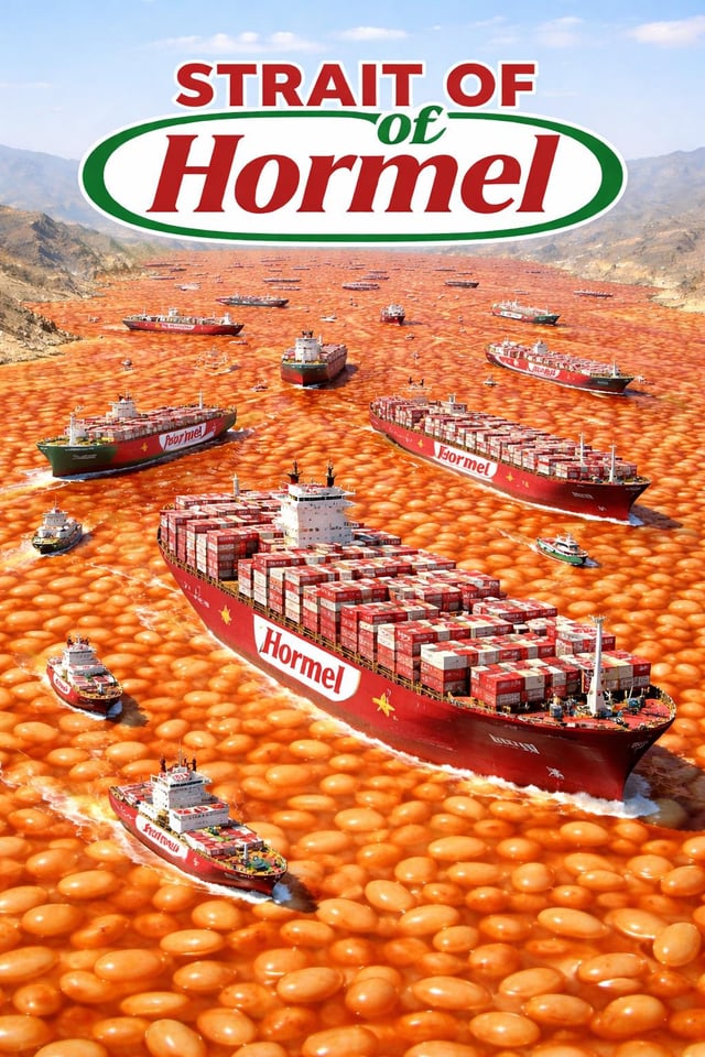 This is an absurd visual pun meme. The artwork depicts a narrow strait between two rocky coastlines, entirely filled with cooked baked beans in sauce instead of water. Multiple large and small cargo ships travel through the bean-filled strait, all emblazoned with the Hormel food brand logo, and loaded with Hormel branded shipping containers. At the top of the image, text reads "STRAIT OF Hormel", styled to match Hormel's official brand logo. The entire joke relies on the phonetic similarity between the real-world strategically important shipping lane "Strait of Hormuz" and the food brand "Hormel", paired with the visual gag of the strait being made of a popular Hormel food product (baked beans).