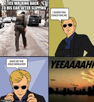 A 4-panel meme collage. Panel 1: A real person walking back to their car on an icy road with the caption 'ICE WALKING BACK TO HIS CAR AFTER SLIPPING'. Panel 2: An animated character in a dark suit with sunglasses, saying 'I GUESS YOU COULD SAY HE'. Panel 3: The same animated character adjusting his sunglasses, with the punchline 'GAVE US THE COLD SHOULDER'. Panel 4: A sunset over a city skyline with large, bold text 'YEEAAAAAH' emphasizing the pun. The meme uses a pun on 'cold shoulder' (a dismissive gesture) tied to the icy/winter context of slipping on ice.