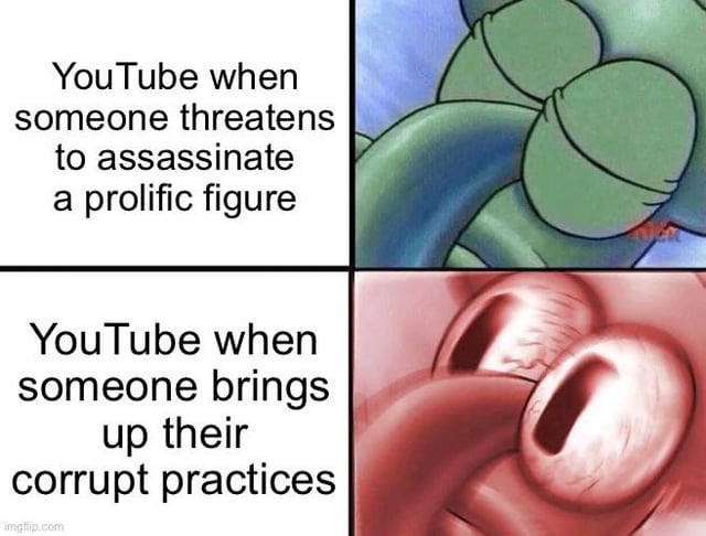 A 2x2 grid meme where the left two panels contain text, and the right two panels contain reaction images. The top-left text reads 'YouTube when someone threatens to assassinate a prolific figure' paired with a top-right image of a calm green frog-like character. The bottom-left text reads 'YouTube when someone brings up their corrupt practices' paired with a bottom-right image of an intense red eye with an extended tongue, conveying shock or anger. The meme satirizes YouTube's perceived double standards in reacting more strongly to criticism of itself than to serious threats.
