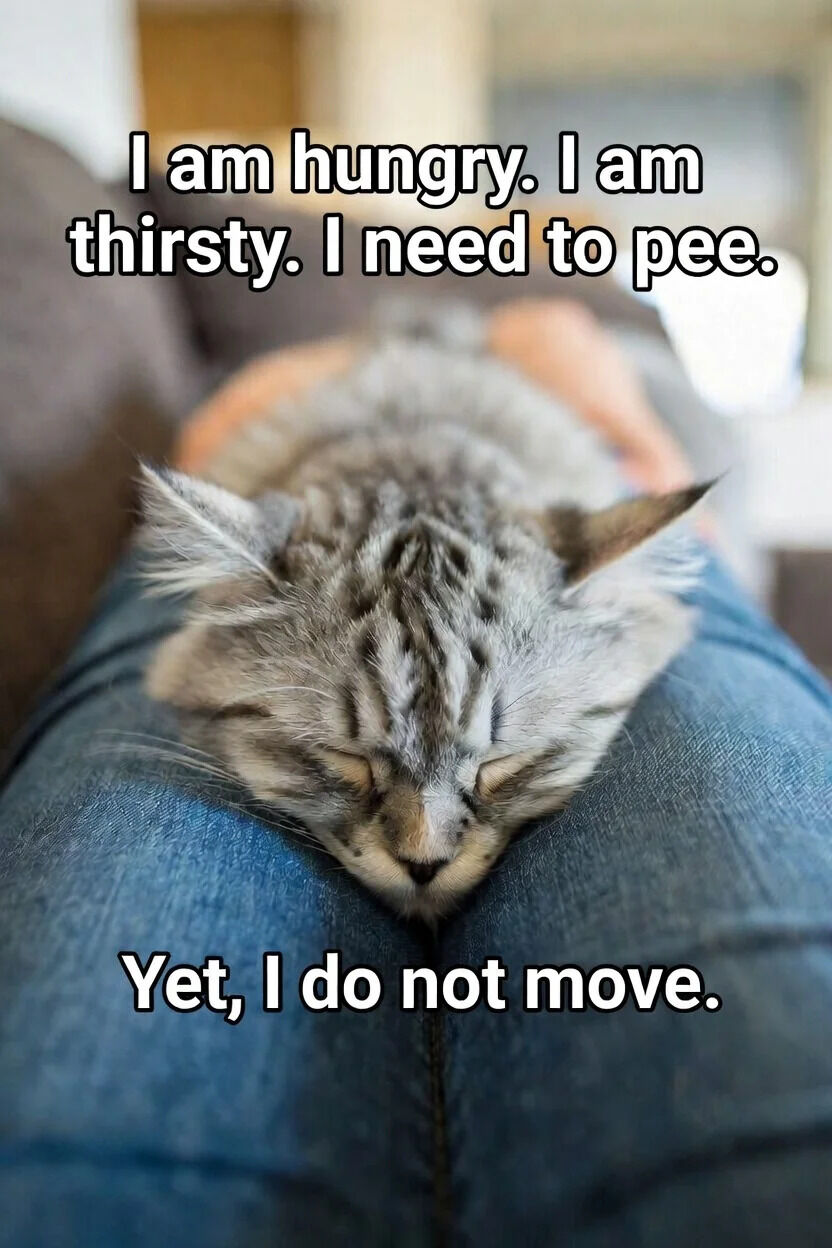 A photograph of a gray tabby cat with closed eyes, sleeping peacefully on a person's lap (visible blue jeans). The cat has fluffy fur and slightly perked ears. Overlaid text at the top reads: 'I am hungry. I am thirsty. I need to pee.' and at the bottom: 'Yet, I do not move.' The humor stems from the relatable scenario of prioritizing comfort over addressing basic needs, creating a wholesome and funny tone.