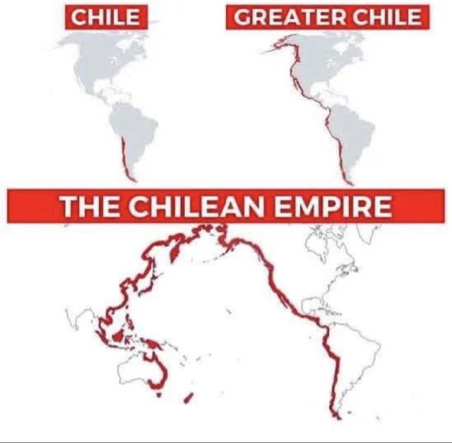 This three-panel absurdist meme plays on the famously extremely long, narrow geographic shape of Chile, a country running along the western coast of South America. The first panel shows the actual current borders of Chile, labeled 'CHILE'. The second panel expands the country's long shape up the entire western coast of North America, labeled 'GREATER CHILE'. The third, punchline panel shows the completely exaggerated 'THE CHILEAN EMPIRE', which traces the entire full coastline of the Pacific Ocean, including the west coasts of North and South America, the east coasts of Asia and Oceania, and the coastlines of Australia and Pacific islands, stretching Chile's signature long narrow form to a ridiculous, global extreme. The joke leans into the common internet observation about Chile's unusual, elongated national shape.