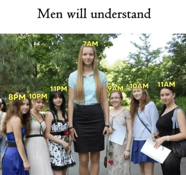A meme image depicting a group of women with one central woman edited to appear significantly taller than the others. Yellow text labels indicating times (7AM, 8PM, 10PM, 11PM, 9AM, 10AM, 11AM) are positioned around the women, with morning times (7AM, 9AM-11AM) clustered near the tall central woman and evening times (8PM, 10PM, 11PM) near the shorter surrounding women. The top of the image features the text 'Men will understand,' implying a humorous commentary on men's varying attention or perception of a particular woman throughout different times of the day. The background shows an outdoor setting with trees, suggesting a casual, daytime gathering.