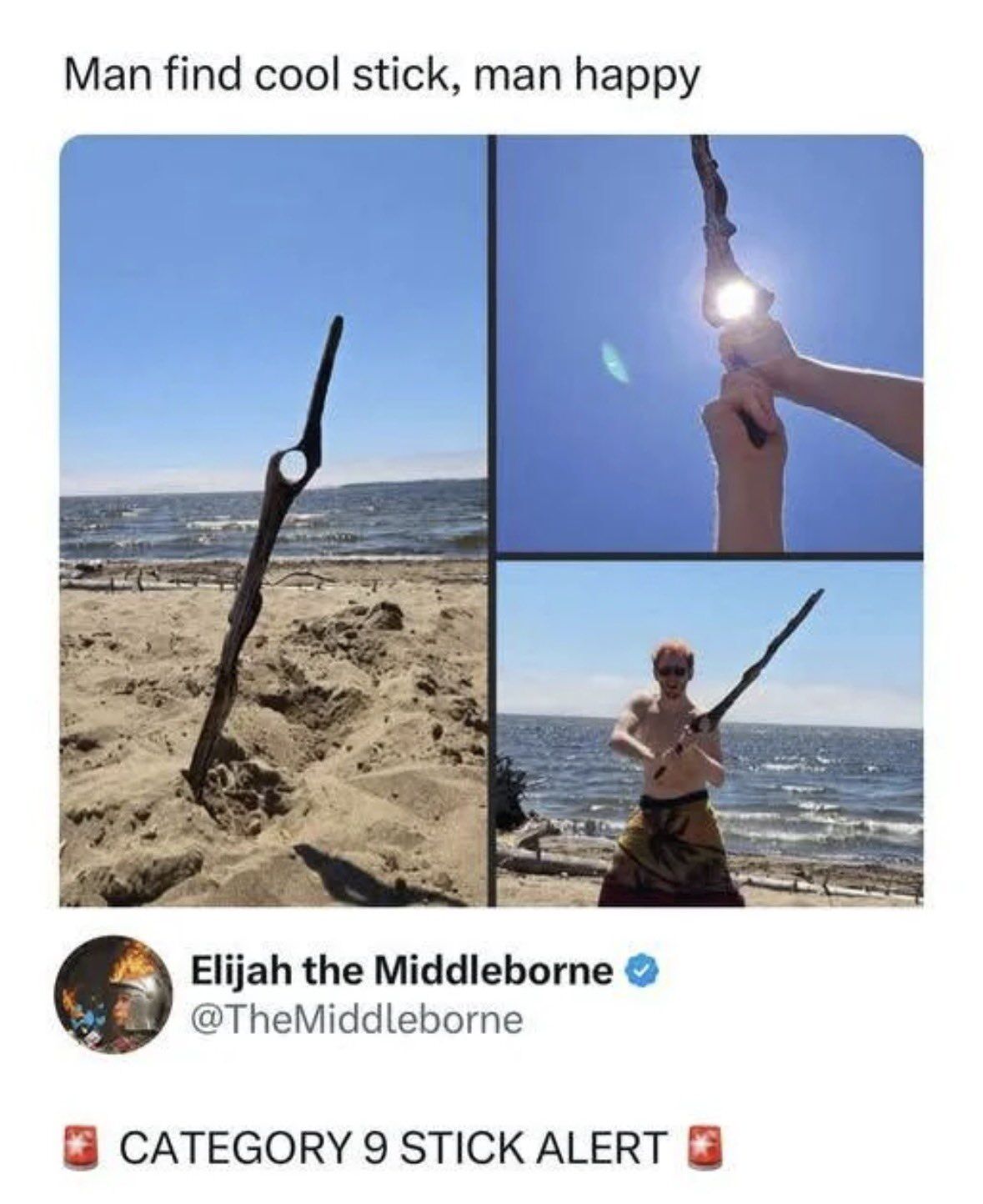 This is a 3-panel collage meme formatted as a screenshot of an X (Twitter) post. The first panel displays a uniquely shaped driftwood stick with a natural hole near its top, stuck upright in beach sand with an ocean and clear blue sky in the background. The second panel is a close-up of two hands holding the stick up to the sun, with sun flare making the stick appear to glow like a magical weapon. The third panel shows a shirtless redheaded man wearing sunglasses and a towel wrapped around his waist, holding the stick like a sword and grinning happily on the same beach. The text above the collage reads 'Man find cool stick, man happy', and the poster's caption below the post reads 'CATEGORY 9 STICK ALERT' flanked by red emergency alert emojis. The meme leans into the simple, relatable childlike joy of finding a cool piece of driftwood at the beach.