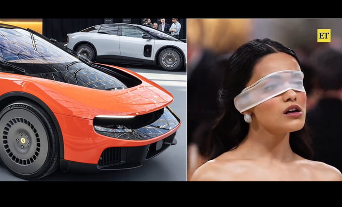 This is a two-panel side-by-side comparison meme. The left panel displays the front of a bright orange concept car at an auto show, with a wide, flat, dark horizontal panel spanning the front fascia above the car's headlights, plus a second silver concept car visible in the background with onlookers nearby. The right panel shows a photo of actress Rachel Zegler at a public event, wearing a flat, translucent white blindfold that covers her eyes, with a small yellow 'ET' (Entertainment Tonight) watermark in the top right corner of this panel. The core joke of the meme is the strong visual similarity between the shape and position of the dark panel on the front of the orange car and the blindfold worn by the actress, matching the 'they're the same picture' meme premise that the two unrelated items look nearly identical.