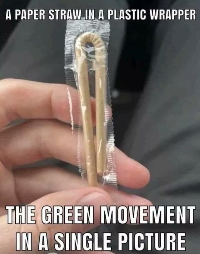 This meme displays an eco-friendly paper straw (intended to replace plastic straws to reduce plastic waste) that is still individually wrapped in a single-use clear plastic wrapper, held up by a person's hand. The text overlay points out this contradiction, framing the image as a perfect summary of the modern green movement. The commentary highlights the irony of half-hearted environmental measures: switching to paper straws to cut plastic waste, but still generating unnecessary plastic from individual wrapping, defeating the original environmental goal.